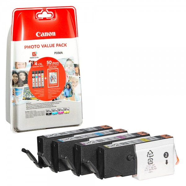 Canon CLI-581 XL / 2052C004 Tinten Multipack CMYK (4er Set) + 50 Blatt Fotopapier