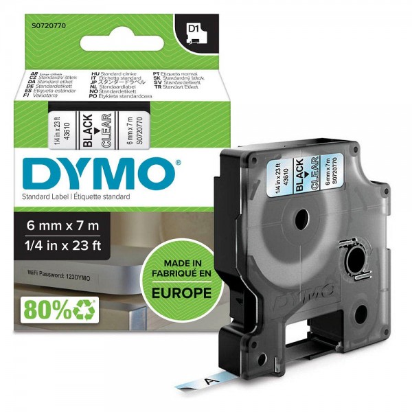 Dymo D1 43610 / S0720770 tape 6mm black on transparent