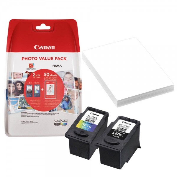 Canon PG-560 XL / CL-561 XL / 3712C004 Tinten Multipack (1x Black / 1x Color) + 50 Blatt Fotoglanzpapier