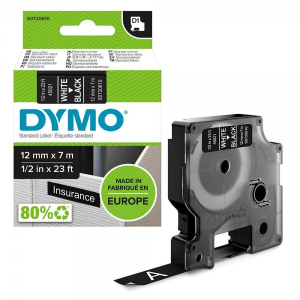 Dymo D1 S0720610 tape 12mm white on black
