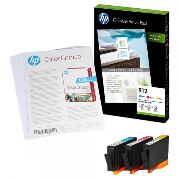 HP 912 / 6JR41AE ink cartridges Multipack CMY (3 Set) + 25 sheet HP Professional Inkjet & 100 sheet HP ColorChoice paper