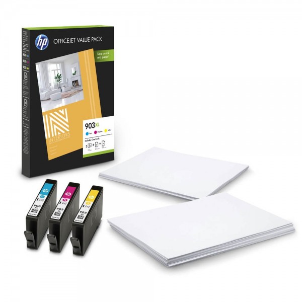 HP 903 XL / 1CC20AE ink cartridges Multipack CMY (3 Set) + 25 sheet HP Professional Inkjet & 50 sheet HP All-in-One paper
