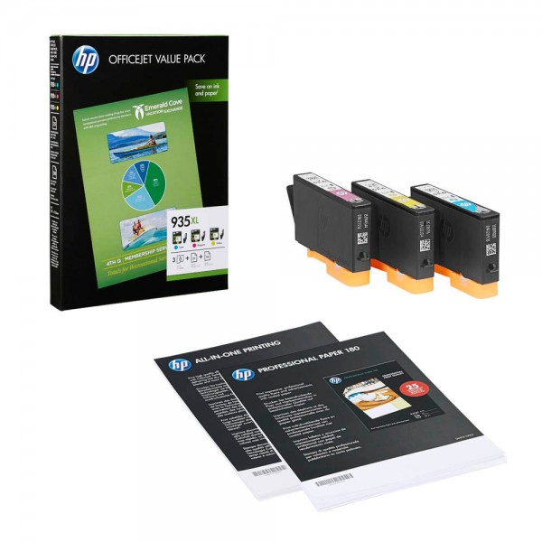 HP 935 XL / F6U78AE ink cartridges Multipack CMY (3 Set) + 25 sheet Professional Inkjet & 50 sheet All in One paper
