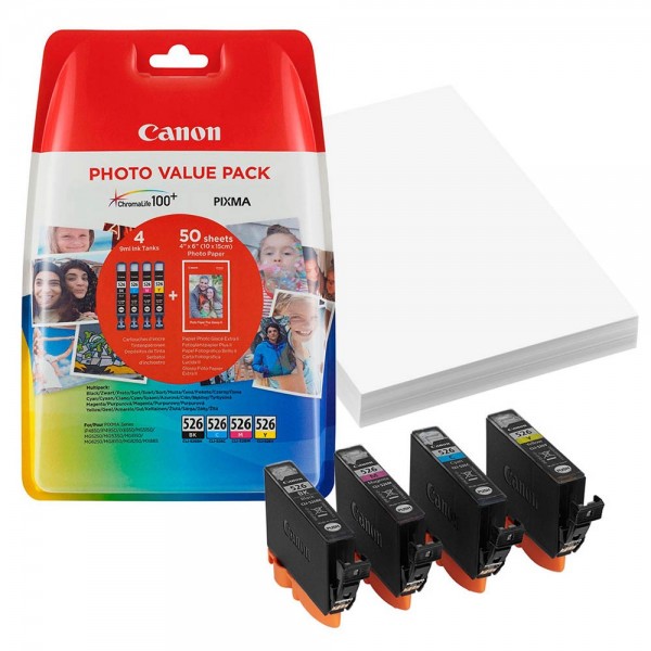 Canon CLI-526 / 4540B017 Tinten Multipack CMYK (4er Set) + 50 Blatt Fotopapier